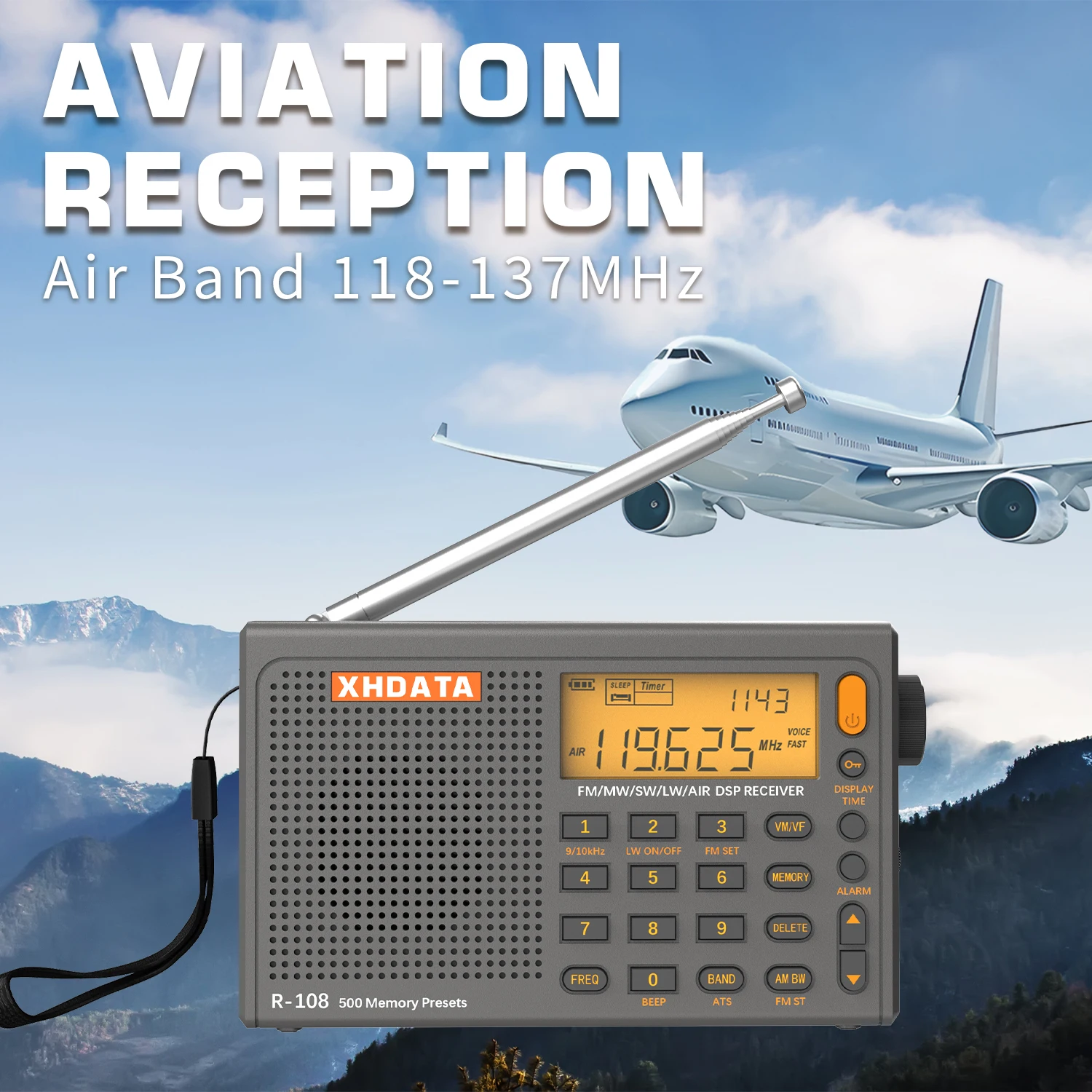 Профессиональный полнодиапазонный портативный радиоприемник XHDATA R108 AM FM SW MW LW Airband Компактный карманный размер 500 Память Бесплатная быстрая доставка