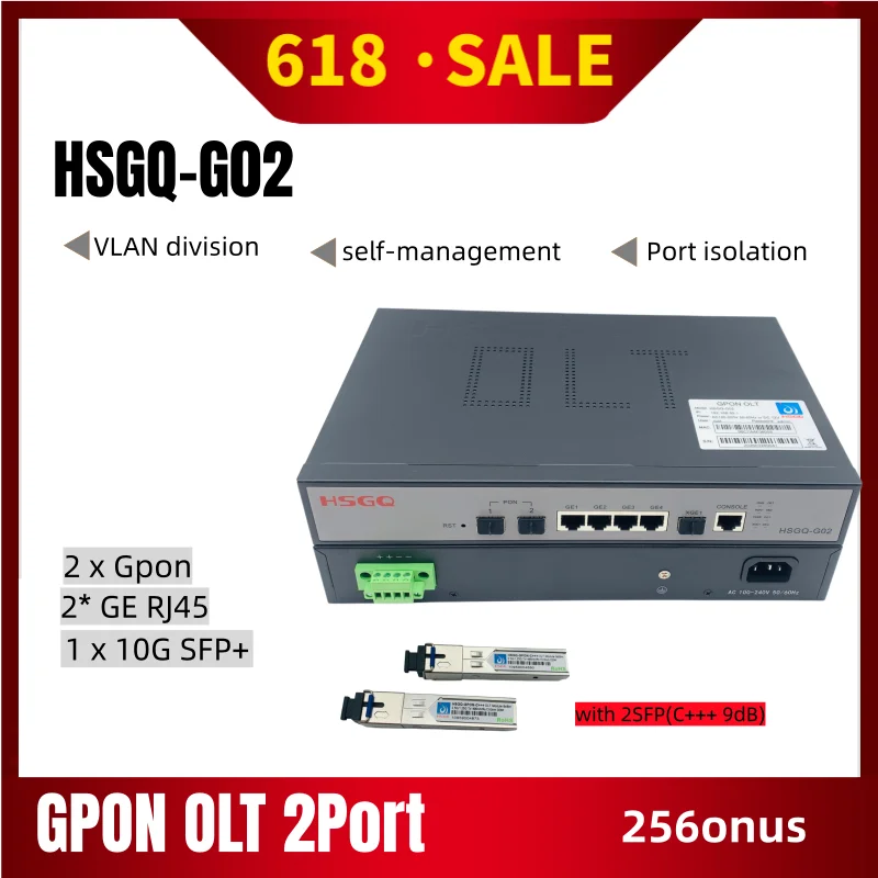 

GPON OLT 2port HSGQ-G02 Support 256 ONUs 10G Uplink 4xRJ45 100-240V AC 12V DC Power OLT optical fiber equipment VLAN division