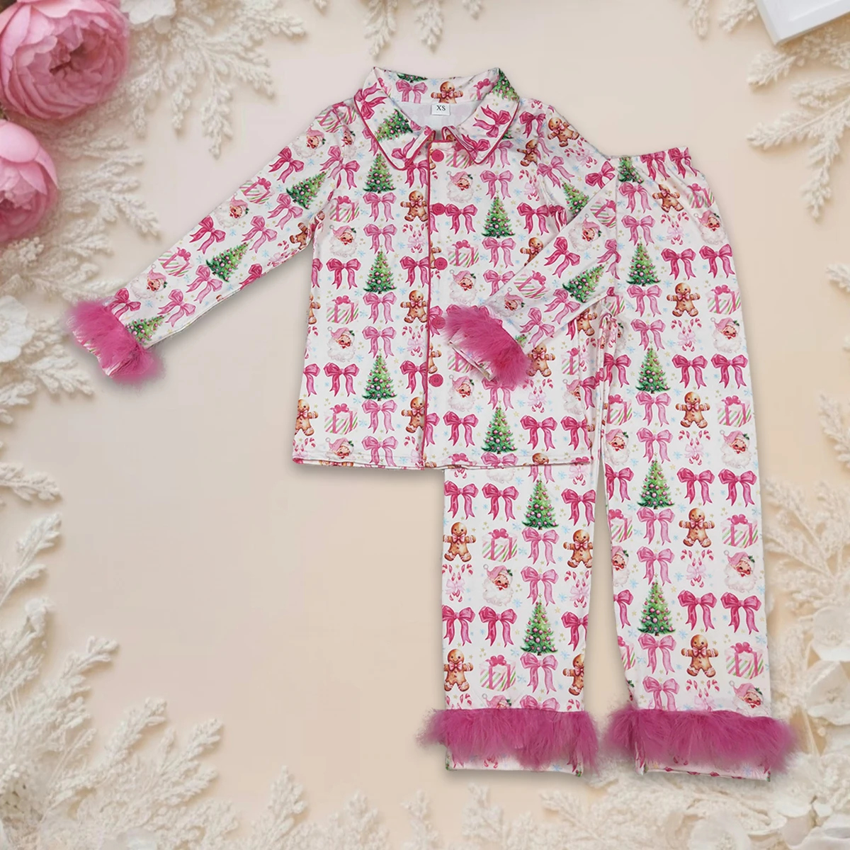 

Hot Sale Christmas Adult Women Pajamas Set Fashion Mom Fur Gingerbread Tree Long Sleeve Button Down Tops Pants Sleepwear Outfit