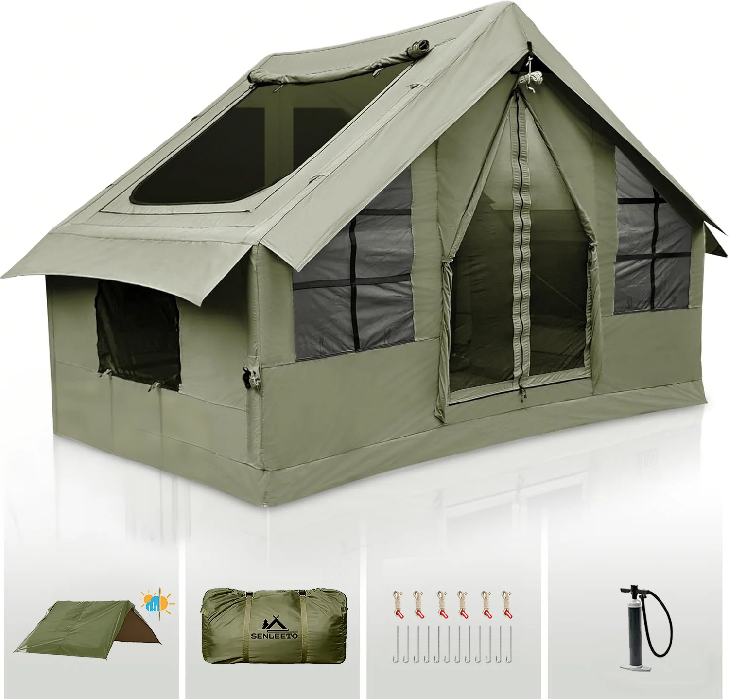 

3-4 Person Army Green Inflatable Camping Tent for All Seasons,Waterproof Inflatable Tent House Camping with Rainfly,Stove Jack