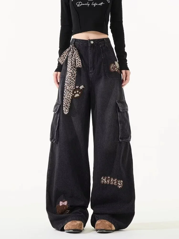Celana Jeans Cargo Wanita Model Baggy Patchwork Leopard Cyber Y2K 2025, Celana Panjang Katun Hitam Dicuci