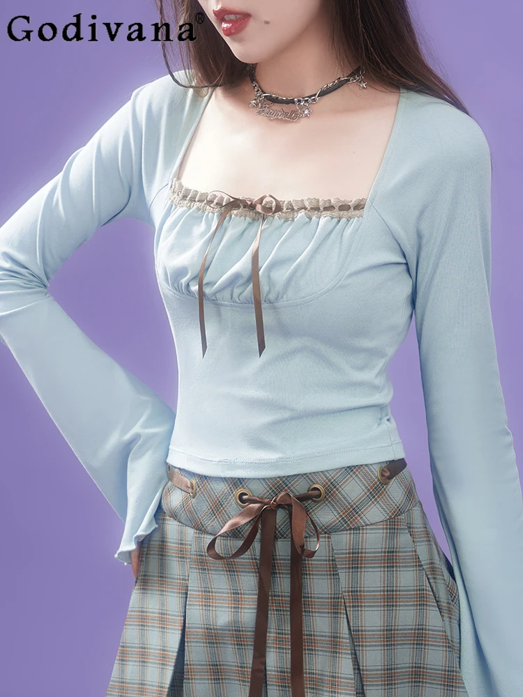 

Spring Autumn Versatile Sweet Mint Green Long Sleeve Slim T-Shirt Cute Girls Square Collar Playful Age-Reducing Princess Top