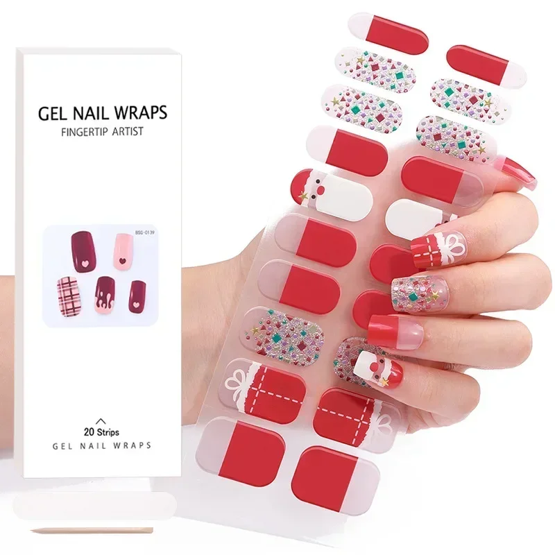 2024 Kerst Ontwerp Semi-Cured Uv Gel Nagel Stickers Volledige Zelfklevende Waterdichte Langdurige Gel Nail Wraps Franse Manicure