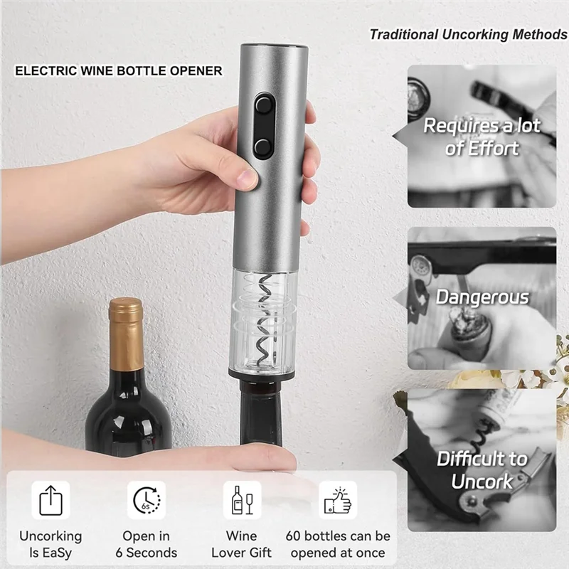 A59E-Pembuka Botol Anggur Listrik dengan Pemotong Foil Baja Tahan Karat Dioperasikan dengan Baterai Pembuka Botol Anggur Set Pembuka Botol Otomatis
