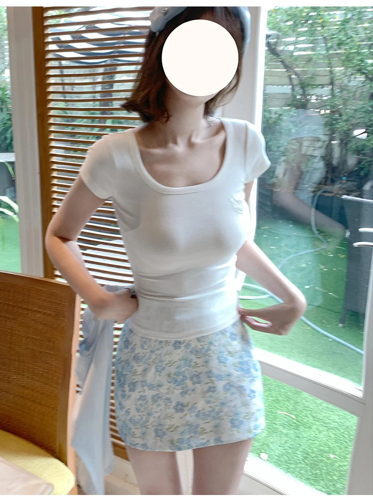 Women's Blue Floral Short Skirt 2025 New High Waist A-line Half Body Skirt Hip Wrapping Skirt Summer Thin Slim Fit Short Skirt