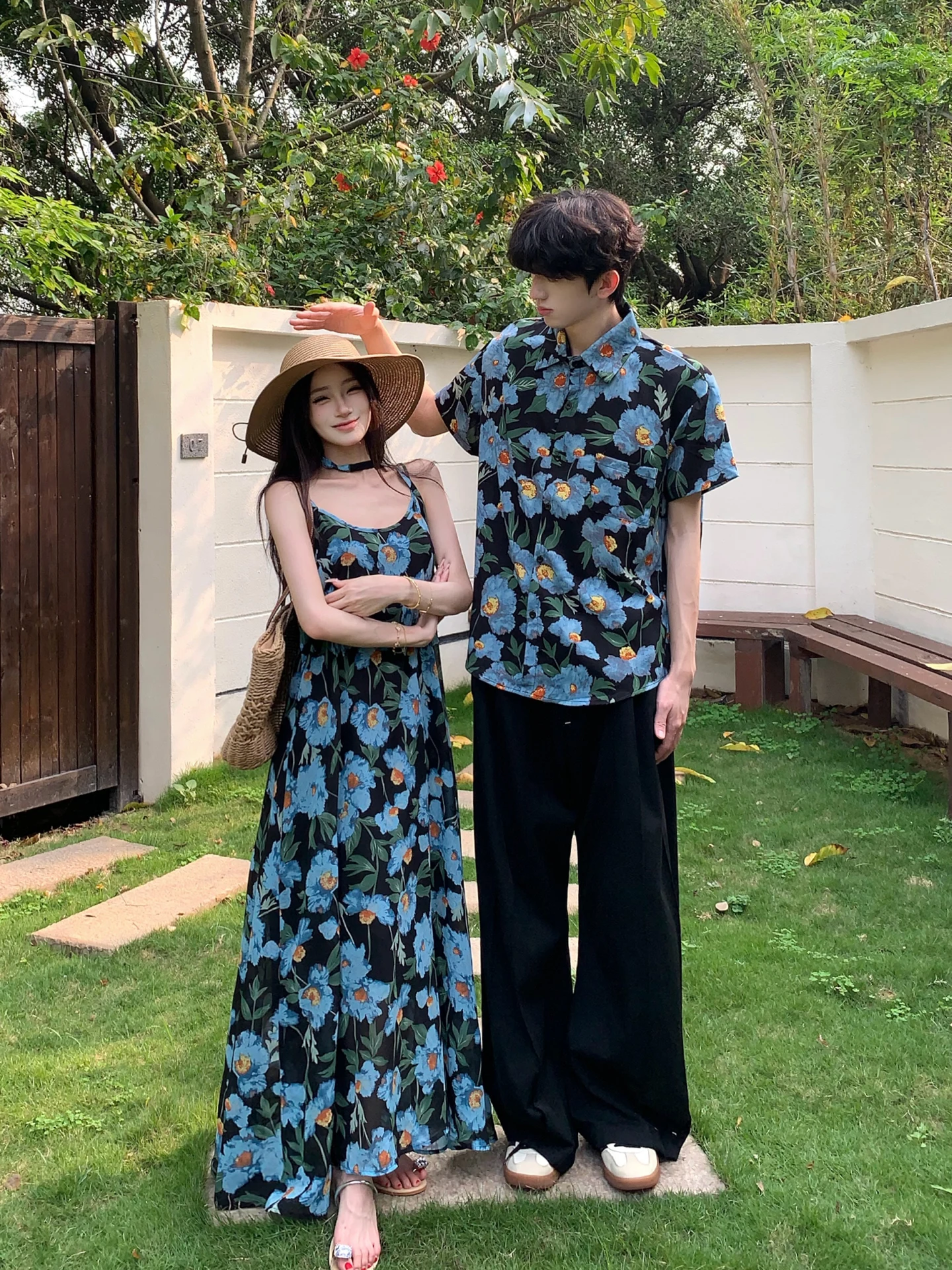 

Beach Vacation Floral Short Sleeve Men's Shirt Summer Long Dress Couple's Outfit One Shirt One Skirt Loose Fit Printed Chines...