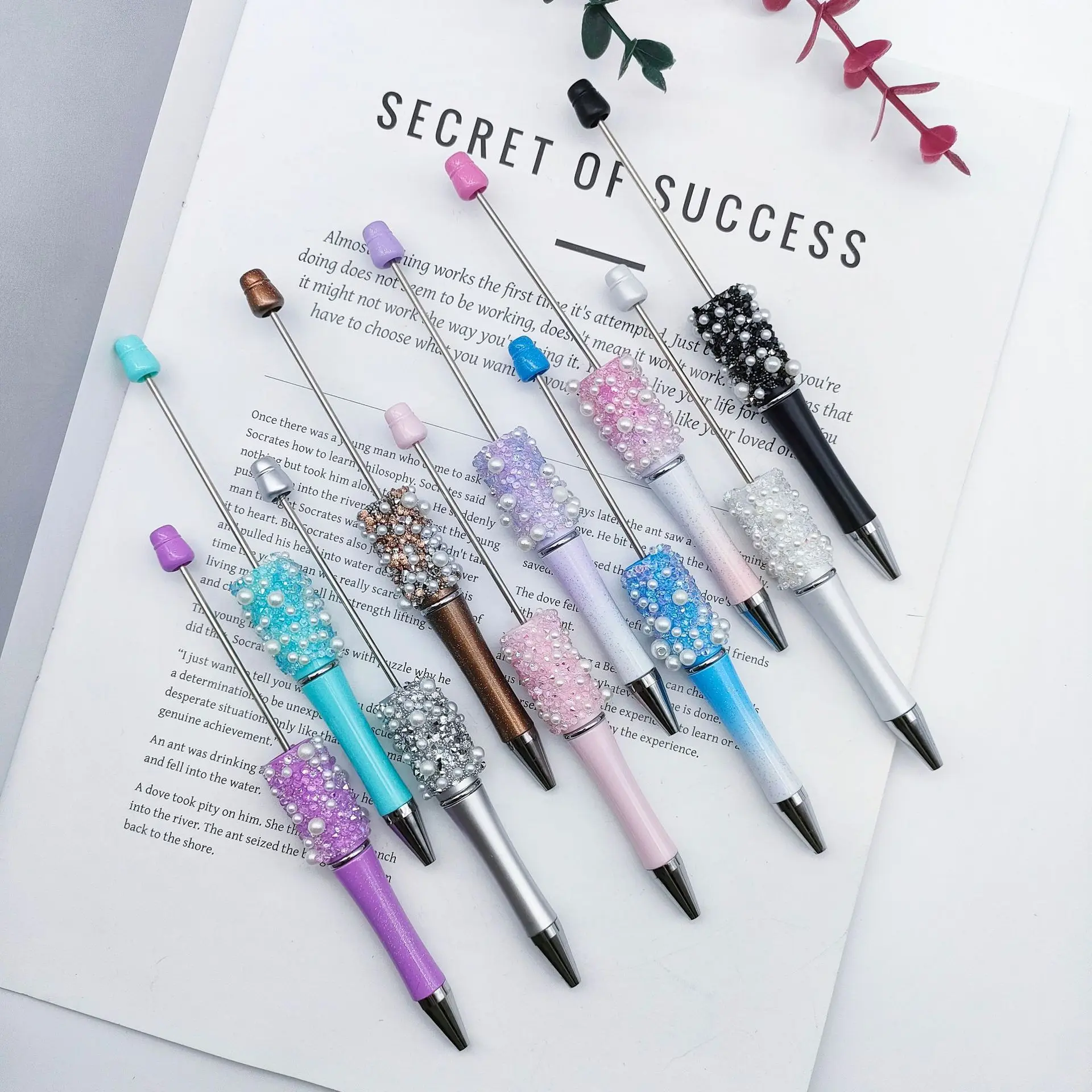 50Pcs DIY Pearl Starry Sky Beaded Pen Beadable Ballpoint Ball Pens Gradient Gift Advertising Pens School Office Spot Wholesale