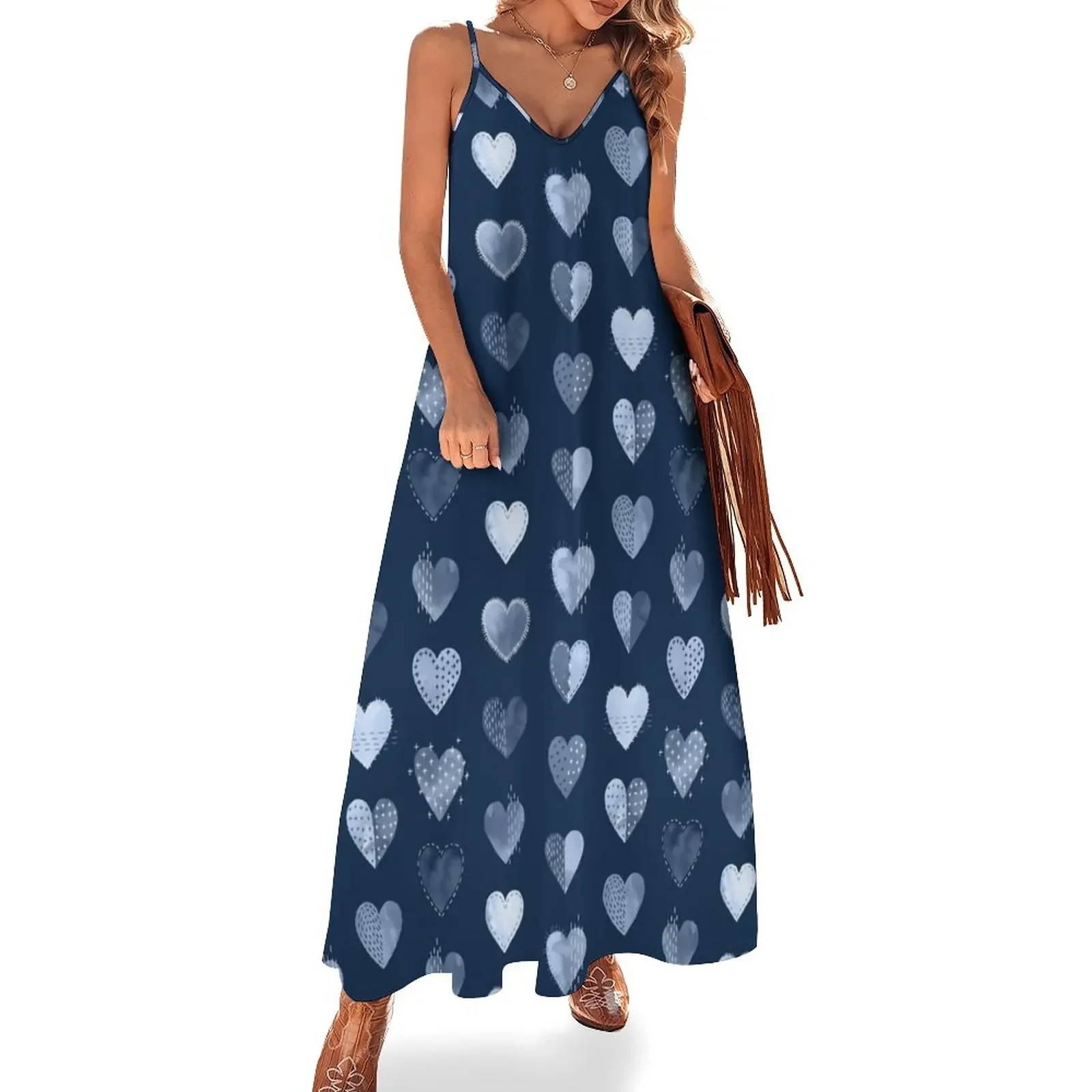 

Denim Patch Boro Embroidery Hearts Sleeveless Dress Long dresses ladies dresses for special occasions beach dress