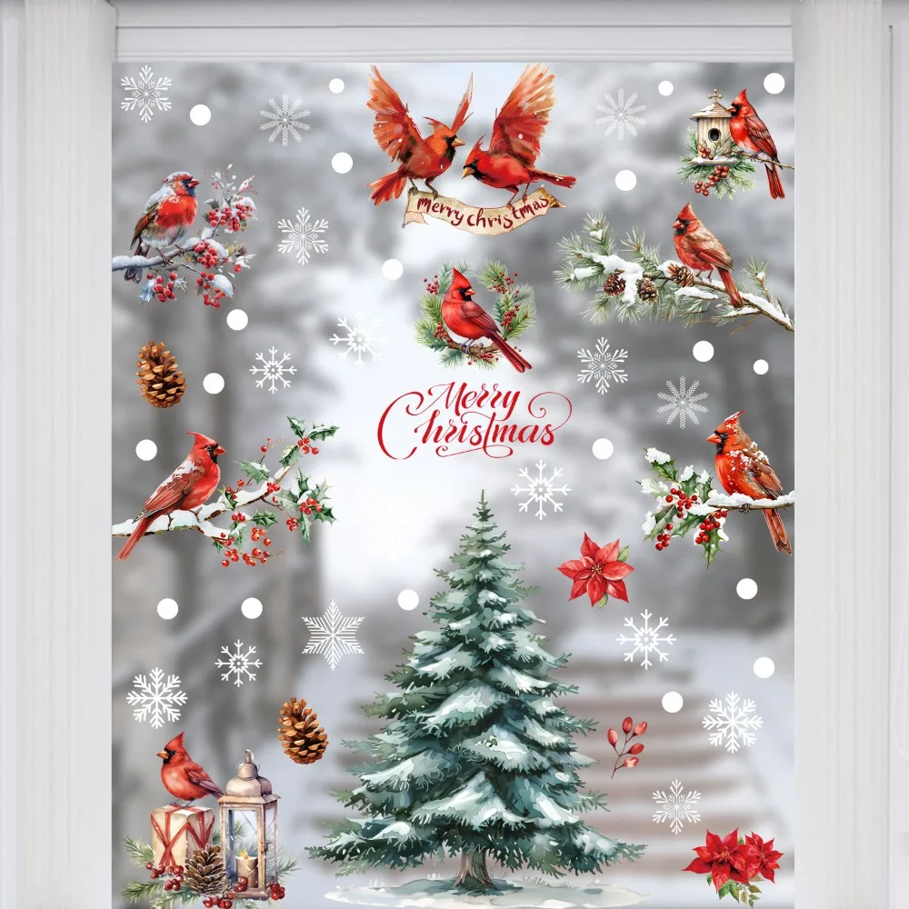 9pcs Christmas Window Decals Cardinal Birds Snowflakes Pine Tree Vinyl Stickers for Glass Door Window Xmas Home Decoration Party view 3