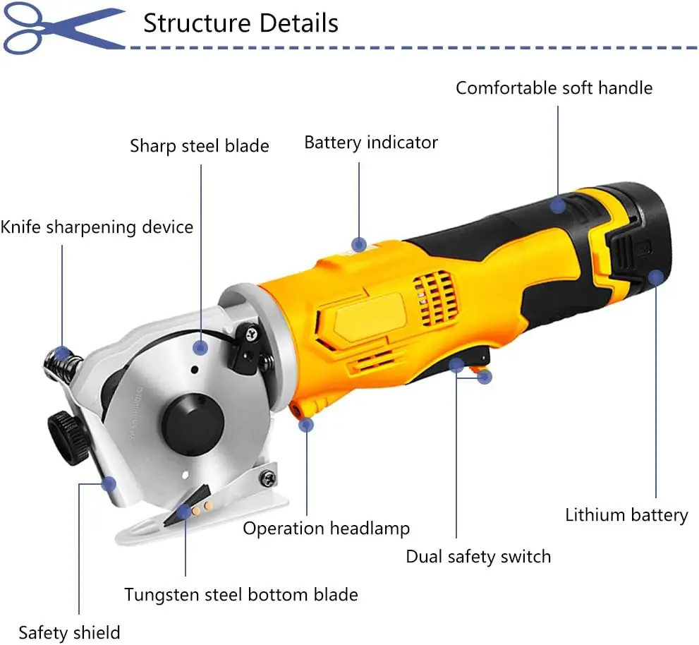 Electric Fabric Scissors Cordless Round Knife Cutting Machine Portable Rotary Cutter for Fabric Leather Carpet (2 Batteries) Yel