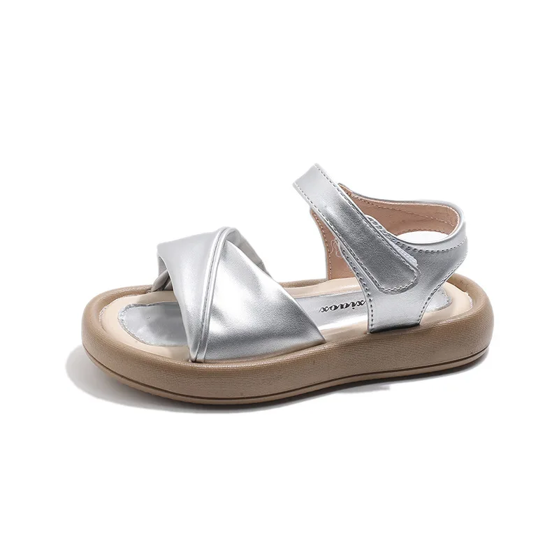 

Summer Girls Sandal Silver Beige Comfortable Soft Bottom Little Princess Sandals Children Casual Kids Flat Beach Shoes 2-13T