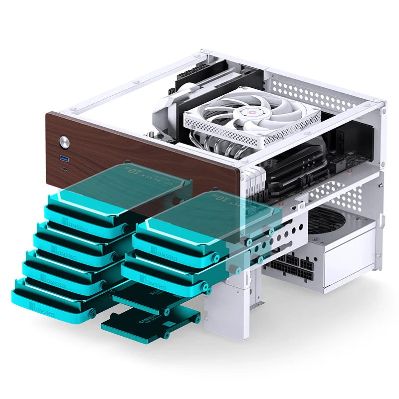 Imagem -04 - Mini Nas Case M-atx Motherboard Walnut Wood Trim Estrutura de Divisão Grandes e Pequenas Hard Drive Bays 120 mm x Fan Jonsbo-n4