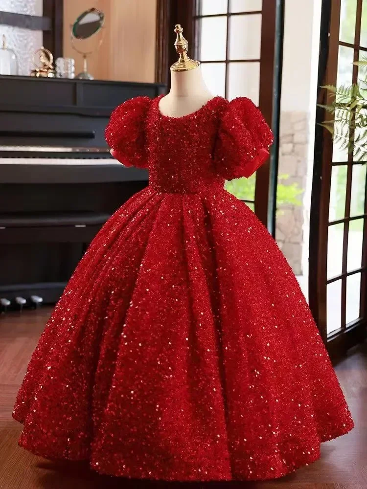 Flower Girl Dresses for Wedding Communion Party Gowns Shining Red Sequins short Sleeve Floor Length Princess Kids Birthday Party