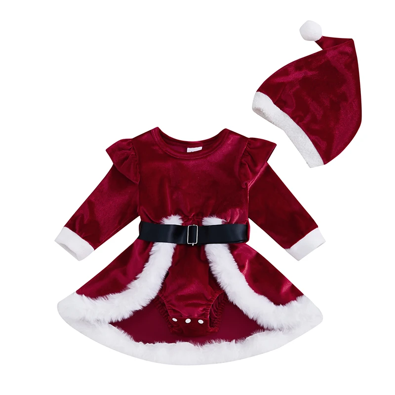 Baby Girls Velvet Romper Dress Terry Trim Long Sleeve Santa Jumpsuit Christmas Hat Adorable Outfits