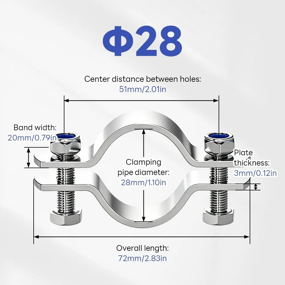 2pcs 304 Stainless Steel Thickened Flat Pipe Clamp Heavy Duty Water Pipe Connection Fastener Fixed Holder Hardware 19-108mm