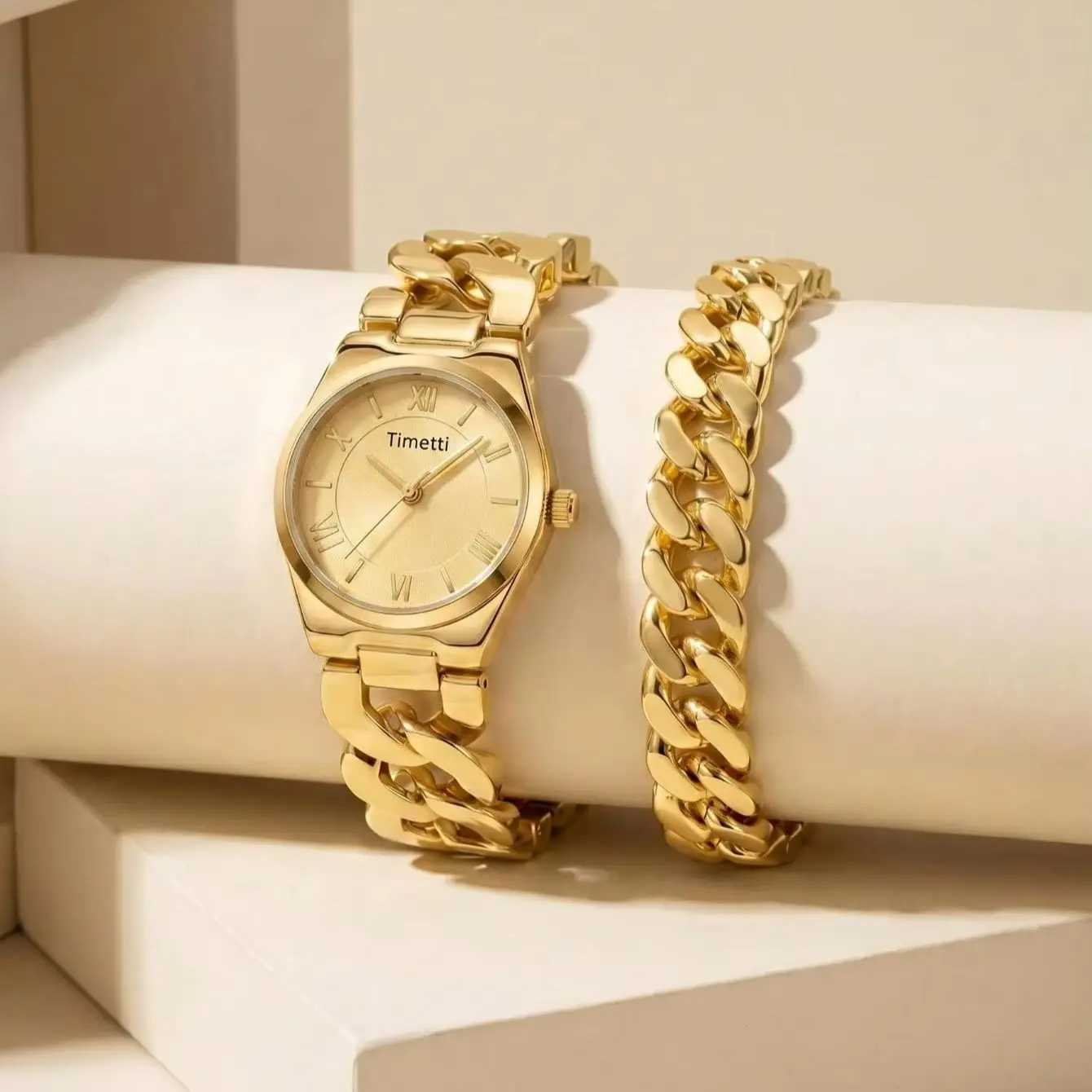 2-piece set of women's watch and bracelet combination, casual, simple, stylish, versatile, gold-colored set watch