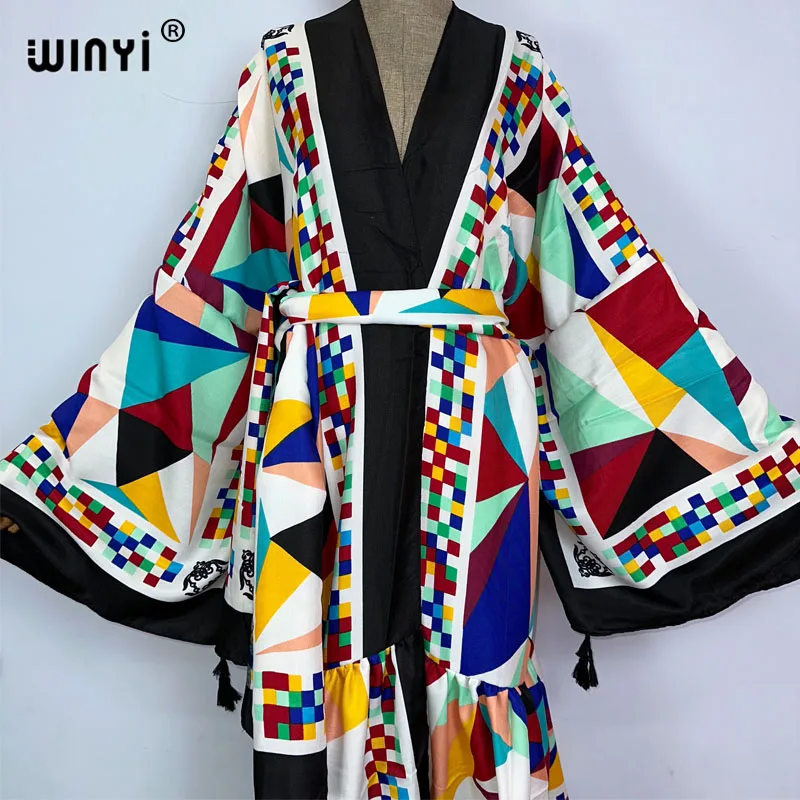 2022 WINYI autumn Women kimono fashion elegant Vintage printing boho caftan Waist seal abaya Dress long Sleeve Casual Kaftan