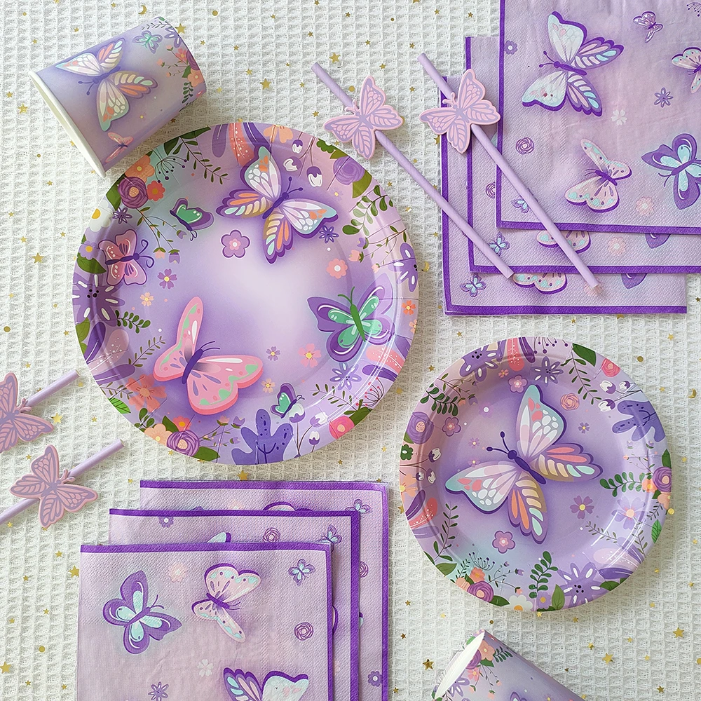 Purple Butterfly Disposable Tableware Baptism Gender Reveal Baby Shower Supplie Banner Paper Plate Butterfly Birthday Party Deco