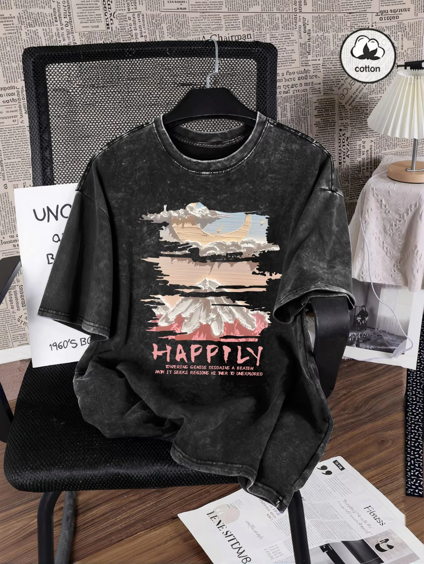 

Mountain Moon Oil Painting Printing Washed T-Shirt Women Cotton Casual T Shirt Crewneck Summer Clothes Comfortable Tee Tops