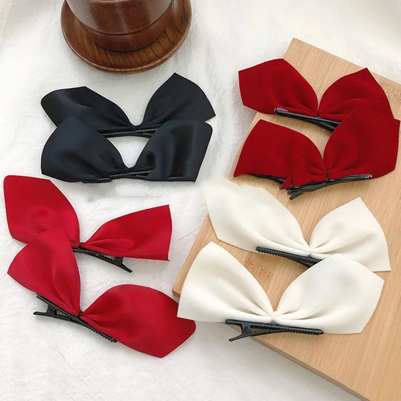 2Pcs Women Ribbon Hair Clips Vintage Bowknot Side Hairpin Korea Girls Barrettes Headdress Styling Accessories Black White Red