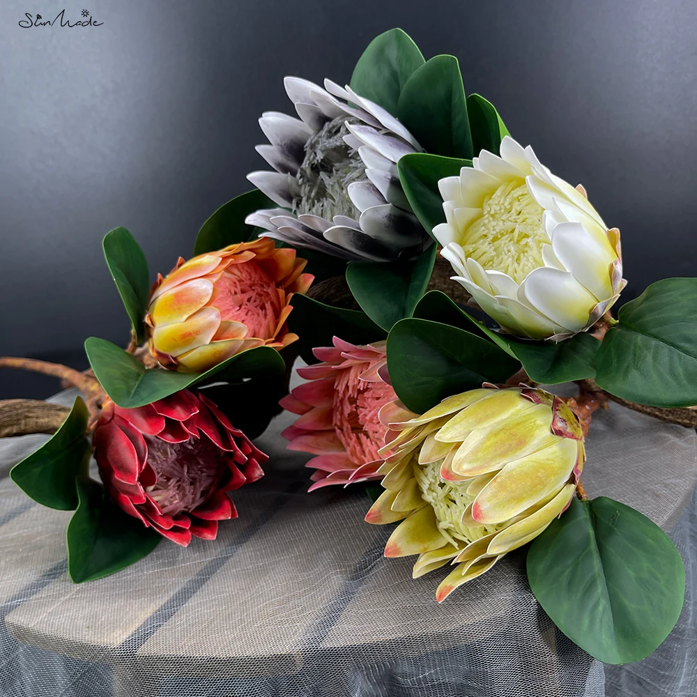 SunMade Luxury Hand Feel Protea Cynaroides with Green Leaves Home Wedding Decoration Real Touch Artificial Flowers Fake Plants