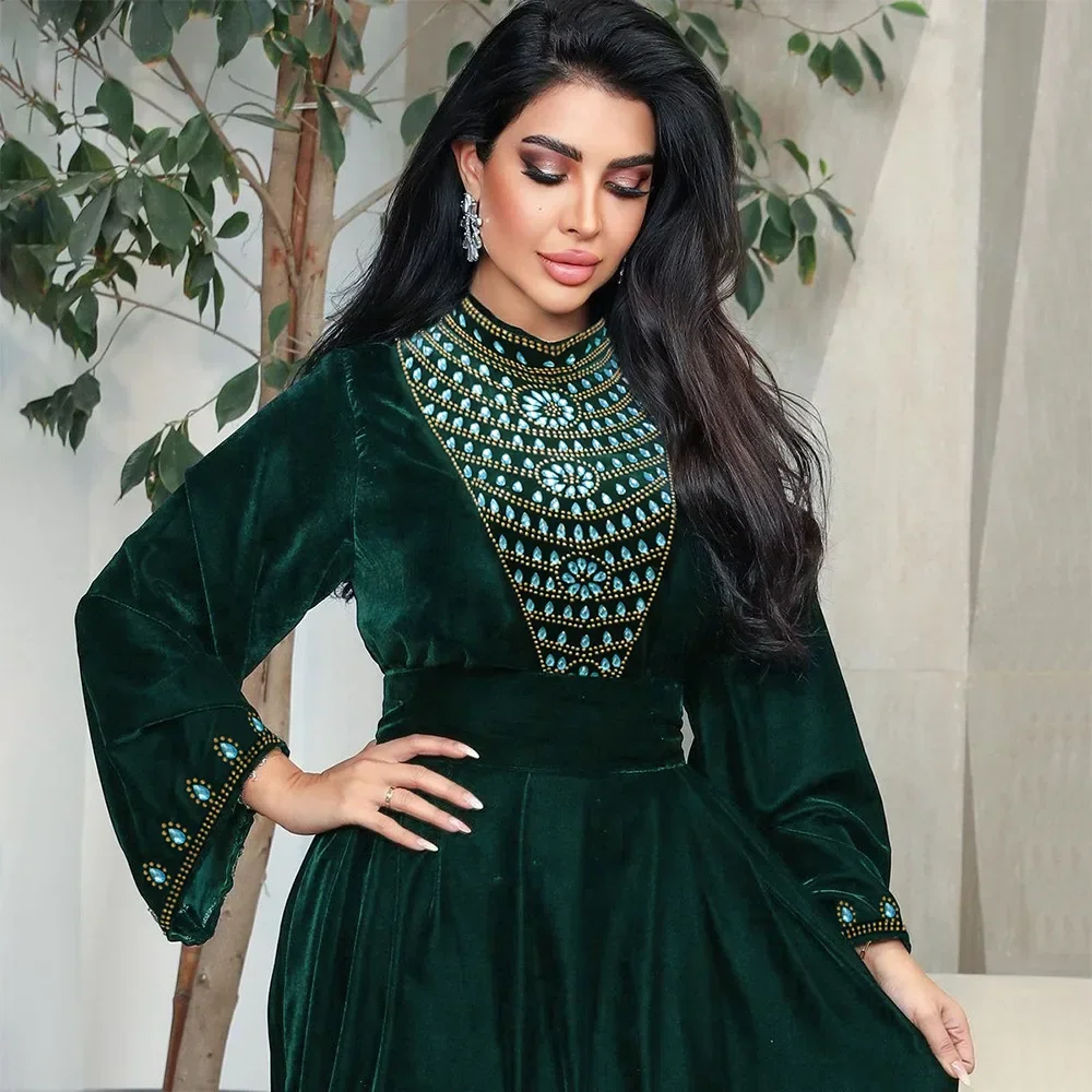 

Velvet Diamonds Embroidery Muslim Dress Women Dubai Abaya Turkey Kaftan Eid Mubarak Ramadan Abayas Islamic Clothing Arabic Robe