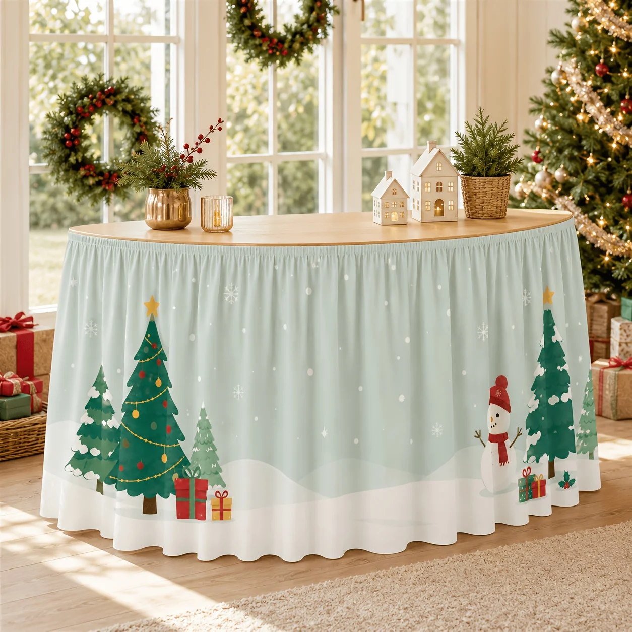 1 tablecloth table skirt, minimalist cartoon Christmas table skirt, snowman decorative pine gift box, male pine tree