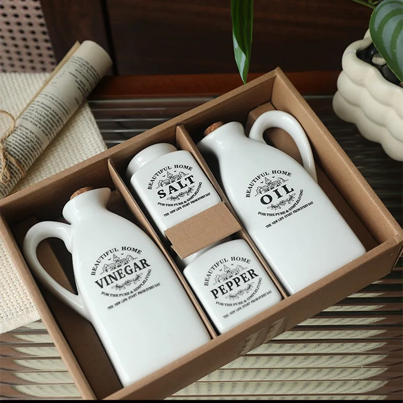 Vintage Ceramic Oil and Vinegar Dispenser Set with Salt and Pepper Shakers, 4-Piece White Kitchen Condiment Bottles with Corks