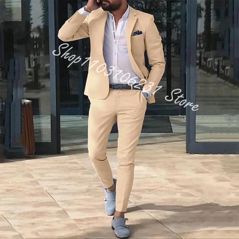 New Arrival Male Suits Slim Fit 2 Pieces Notched Lapel Casual Men Wedding Suits Groom Blazer Pants Costume Homme Mariage