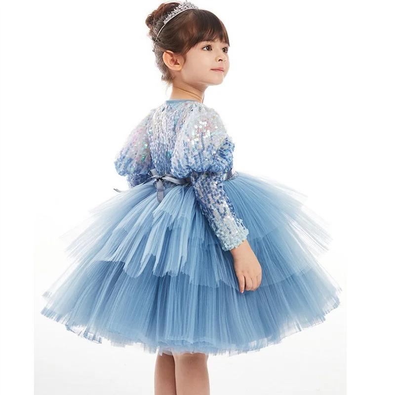 Children's Pageant ball gown Blue Sequin Puff Sleeve Girl's dress for Party Wedding Cute Mesh princess Cake dress Kids Dresses