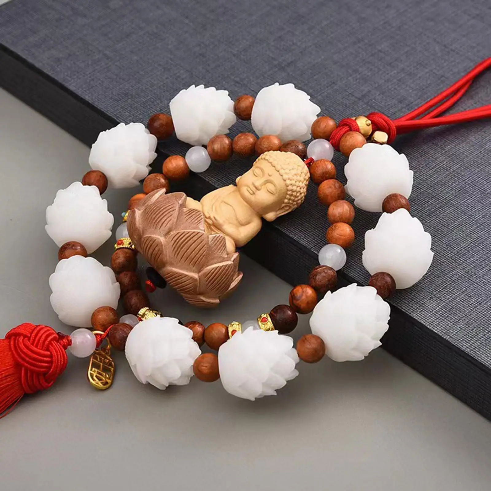 Rear View Mirror Pendant Wood Buddha Statue Tassel Charm Car Interior Dangle Ornament Lucky Gift Idea