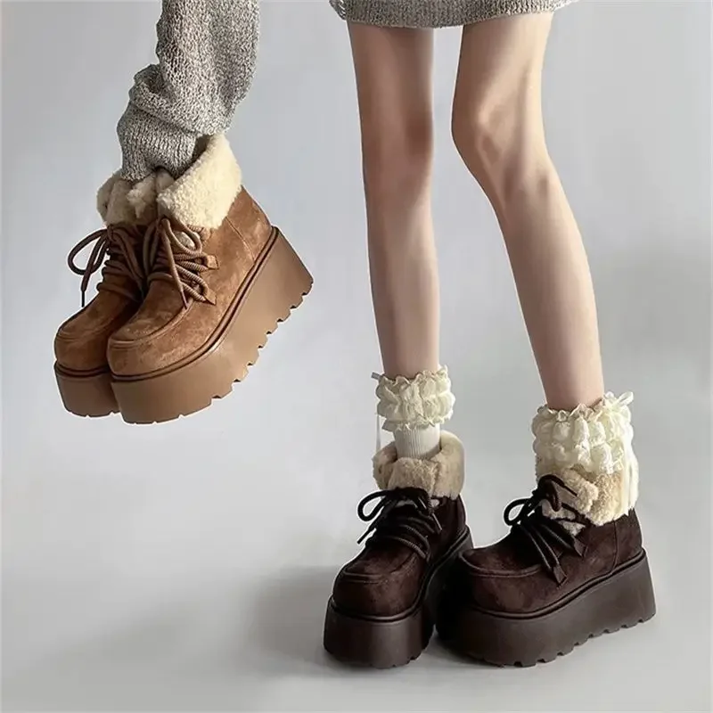 Free Shipping Retro Women Winter Platform Boots Faux Fur Collar Lace Up Alt Style Non Slip Eye Catching Boots, Hot Pick