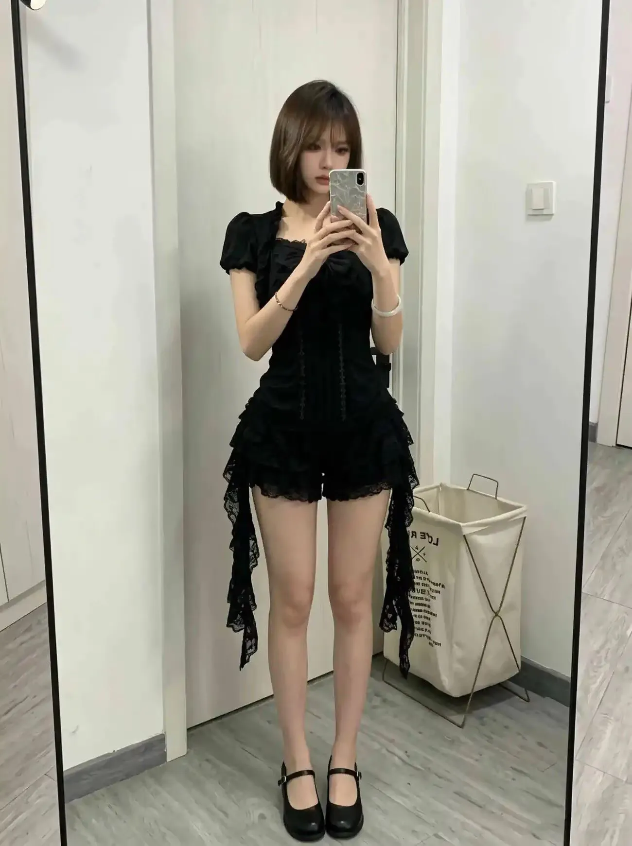 Aesthetic Gothic Lolita Black Lace 3 Piece Skirt Set Women Puff Sleeve Cardigan+Bow Cami Y2K Tops+Cake Mini Skirt Kawaii Outfit