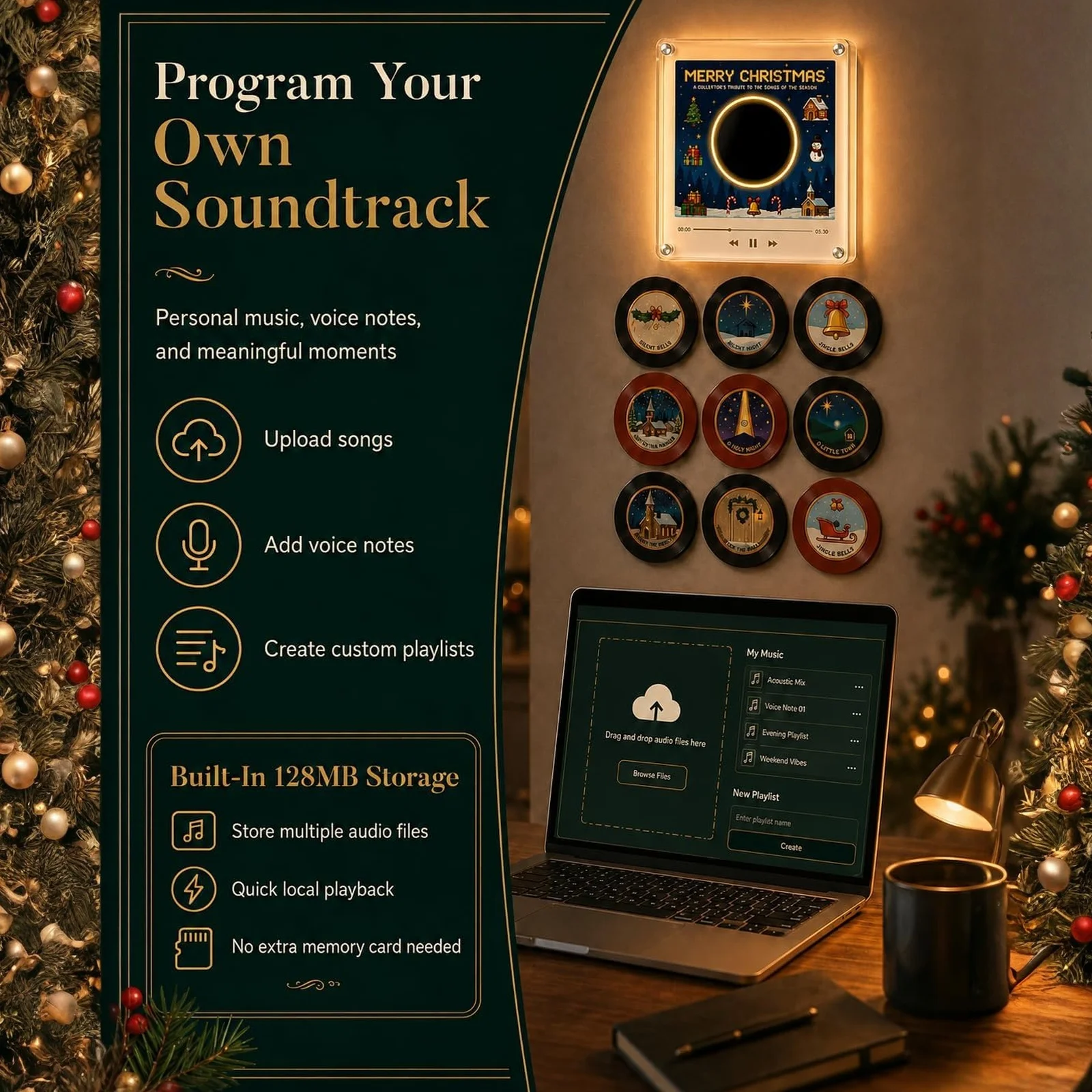 Christmas NFC Magnetic Vinyl Record Player Clear Acrylic Music Box Set with 9 Programmable Playback Retro Album Fridge Magnets