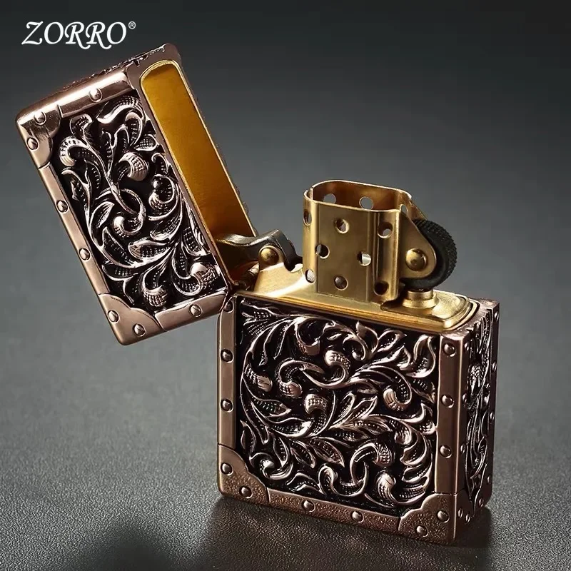 2024 New Zorro Brand Pure Copper Five-sided Arabesque Carving Pattern Windproof Kerosene Lighter Armor Men\'s Collection Gift