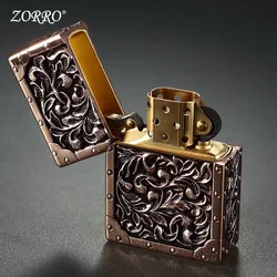 2024 New Zorro Brand Pure Copper Five-sided Arabesque Carving Pattern Windproof Kerosene Lighter Armor Men's Collection Gift