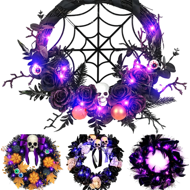 LED Purple Light Wreath With Durable Rope Spooky Party Wreath Battery Operated Halloween Hanging Decor Best Gifts For Front Door