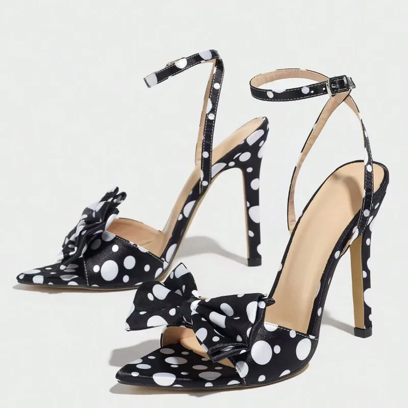 

Elegant Polka Dot Silk High Heel Sandals for Women with Fine Butterfly Knot College Style Gentle and Classy Footwear