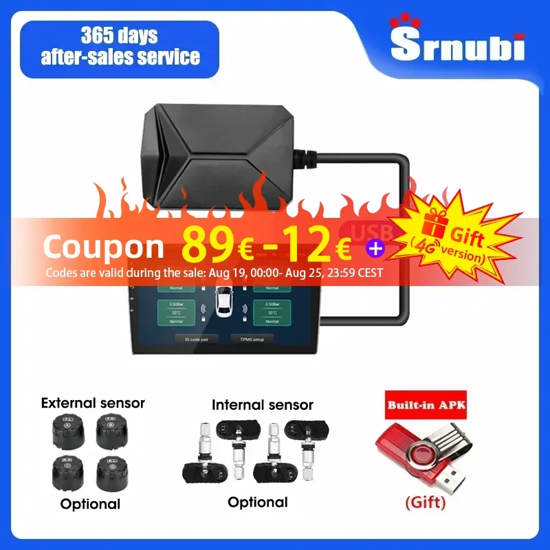 

Srnubi Android TPMS for Car Radio DVD Player Tire Pressure Alarm Monitoring System Spare Tyre Internal External Sensor USB TMPS