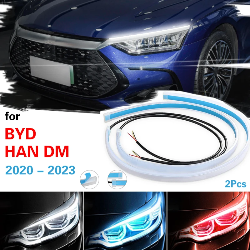 2Pcs Car LED Light Strip DRL Daytime Running Lights Flexible Auto Headlight Flowing Turn Signal Styling For BYD HAN DM 2020-2023