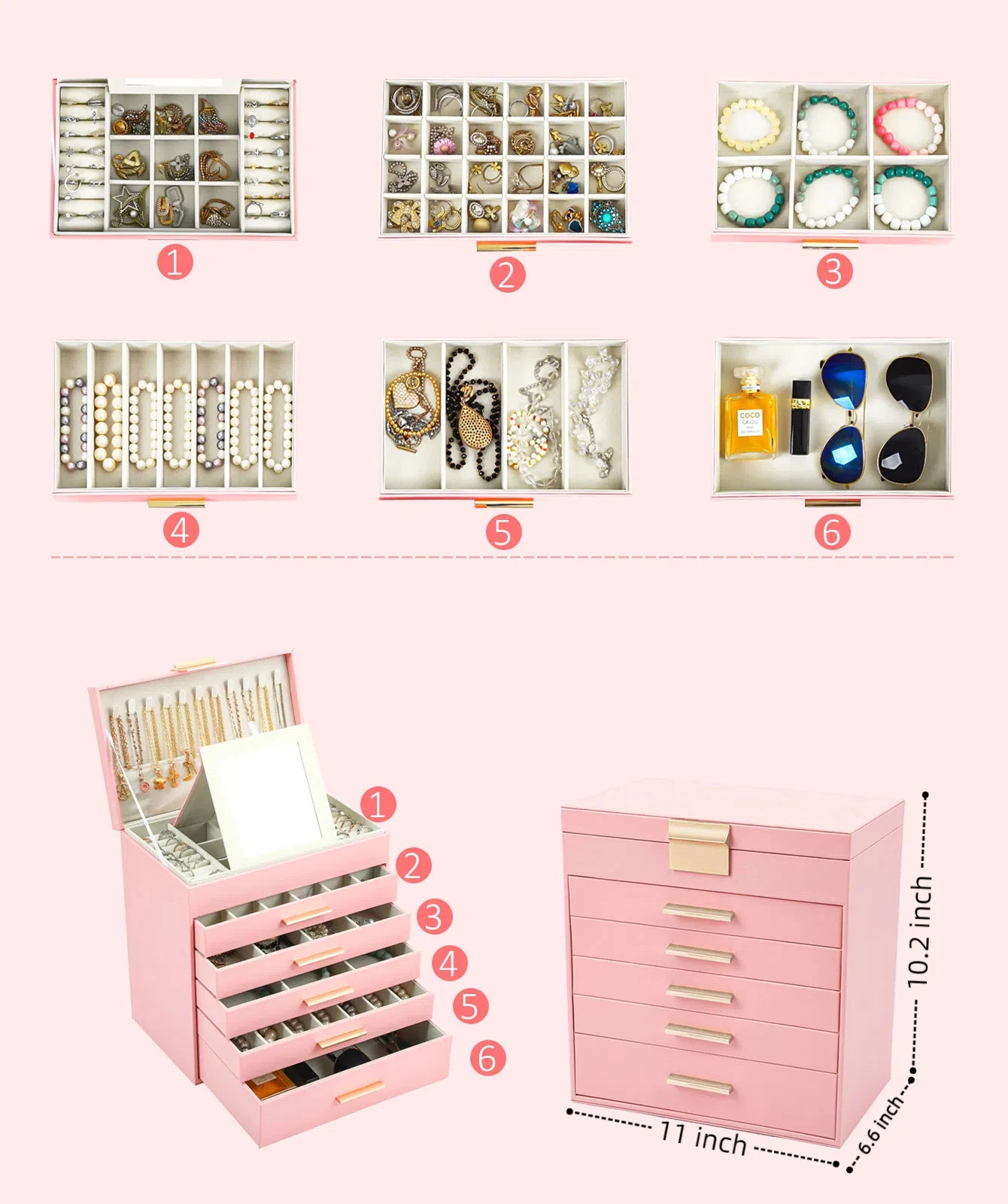 Large Jewelry Box,6-Tier PU Leather Jewelry Organizer ,Multi-functional Storage Case with Mirror,Accessories Holder wit ﻿