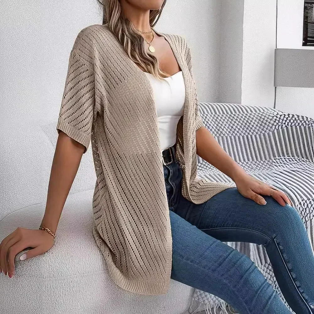 Women Hollow Knitted Cardigan Short Sleeve Loose Fit Solid Color Sun Protection Cover Up Beach Resort Wear Vintage Minimalist
