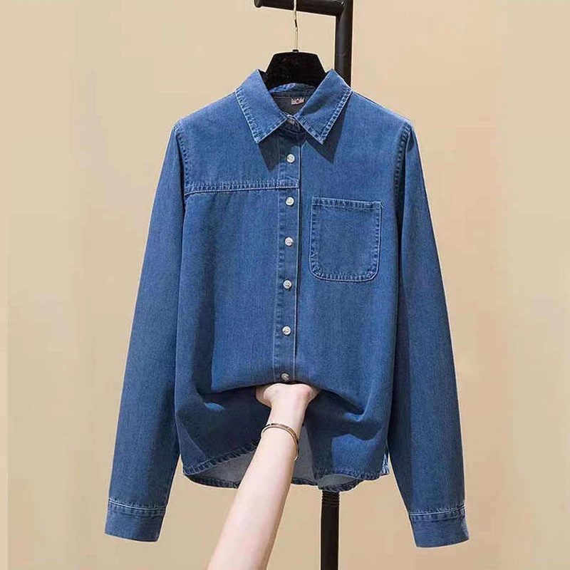 

Purified Cotton Denim Shirts Women Spring/Autumn New Single Breasted Pockets Loose Jackets Casual All-matched Denim Coats