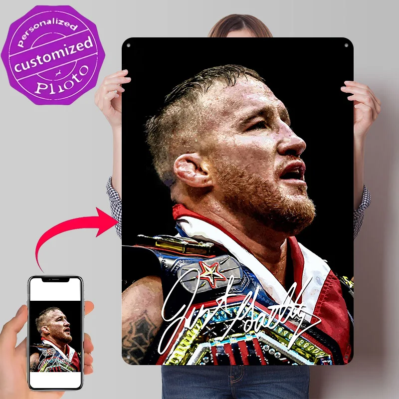 Justin Gaethje Championship Belt Poster Retro 3D Printed Metal Signs Customized Wall Hanging Gift for Tin Sign Room Ornaments
