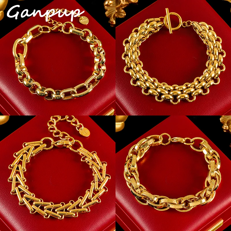 GANPUP 316L Stainless Steel Metal Gold Color Thick Bangle Bracelet For Women Waterproof Jewelry Statement Wrist Chain Girls Gift
