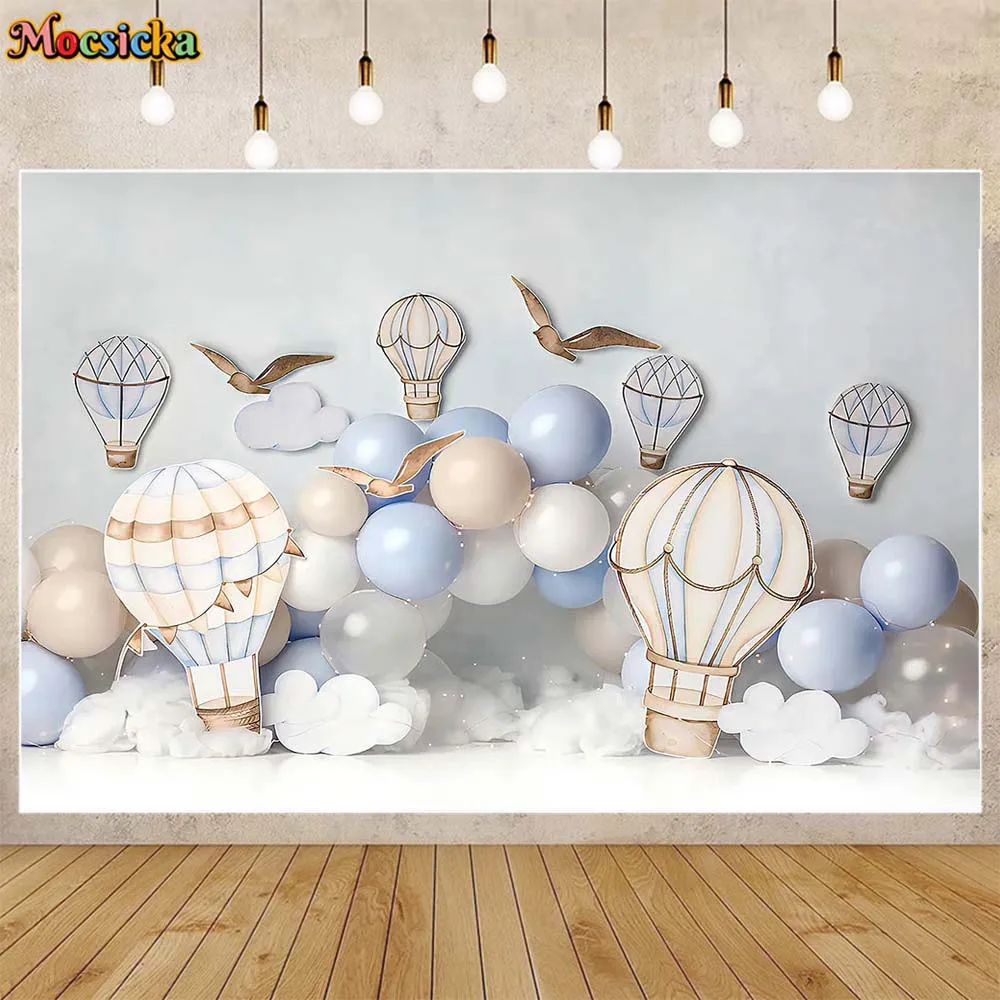 

Mocsicka Hot Air Balloon Kids Birthday Backdrop Boy First Cake Smash Party Photography Backgrounds Photo Studio Photoshoot Props