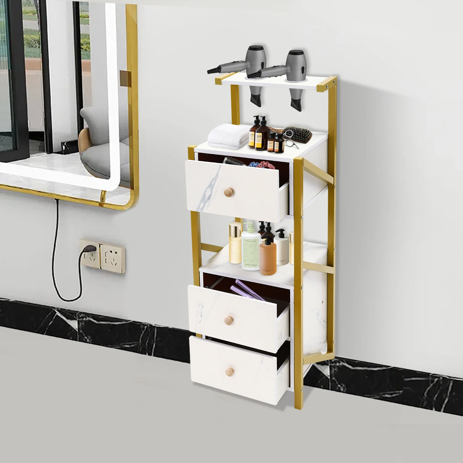 

Floor Standing Beauty Salon Station, Barber Station with 3 Drawer, Salon Storage Cabinet