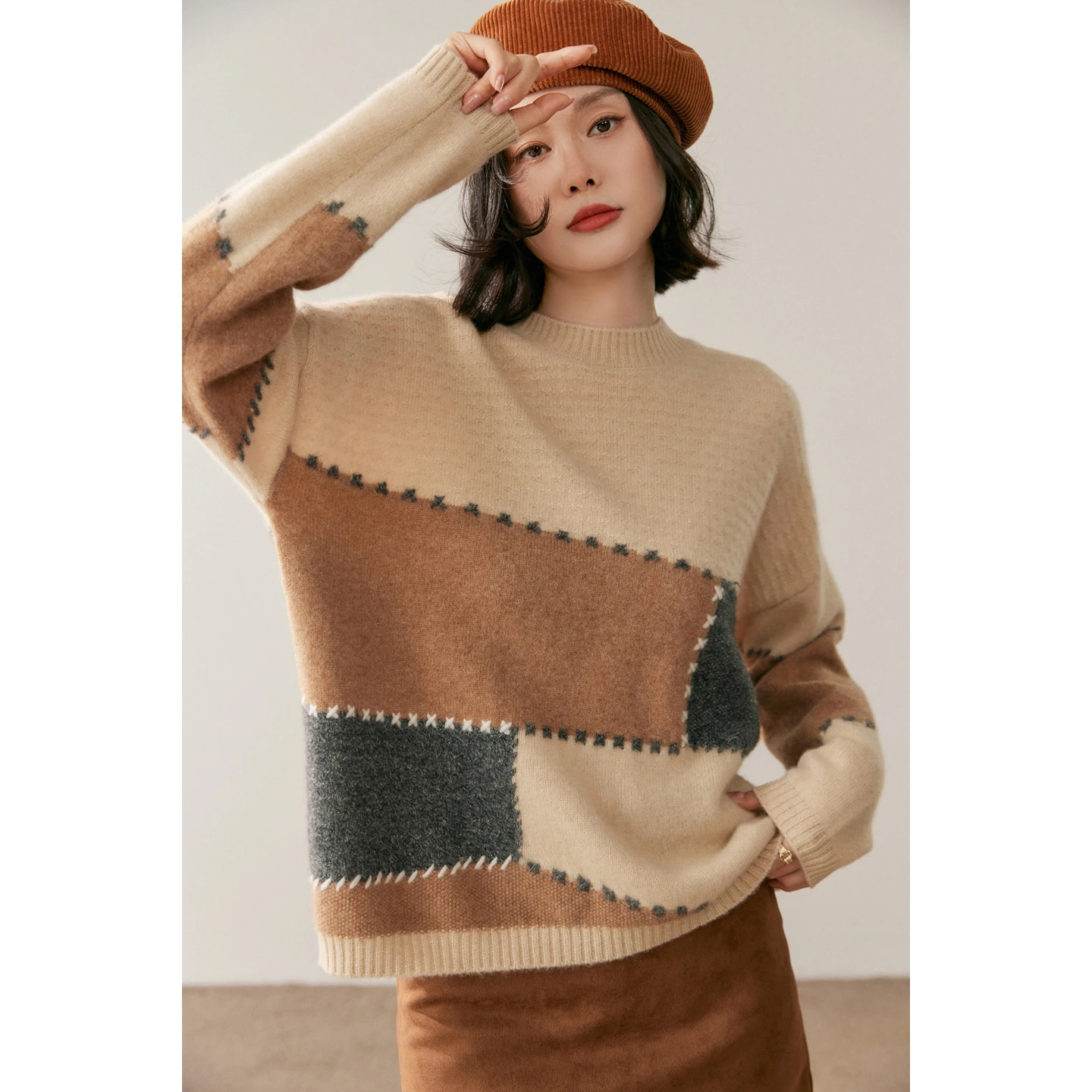 Autumn and winter new women's 100% pure cashmere pullover casual color blocked knitted sweater loose round neck hot selling top