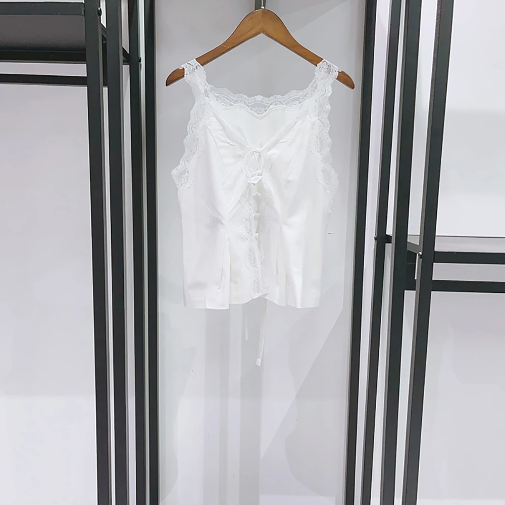 Women Linen Cotton Blend Lace Camisole Top Sleeveless Corset Style Tank Top Lace Up Back Cropped Cami Blouse For Summer