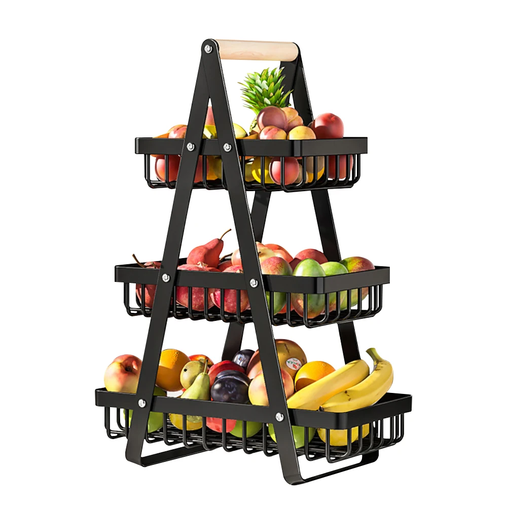 2/3-stöckiger Obstkorb mit Holzgriff, Gemüseregal, Brotkorb, Multifunktionales Aufbewahrungsregal, für Küchen, Camping, Grillen